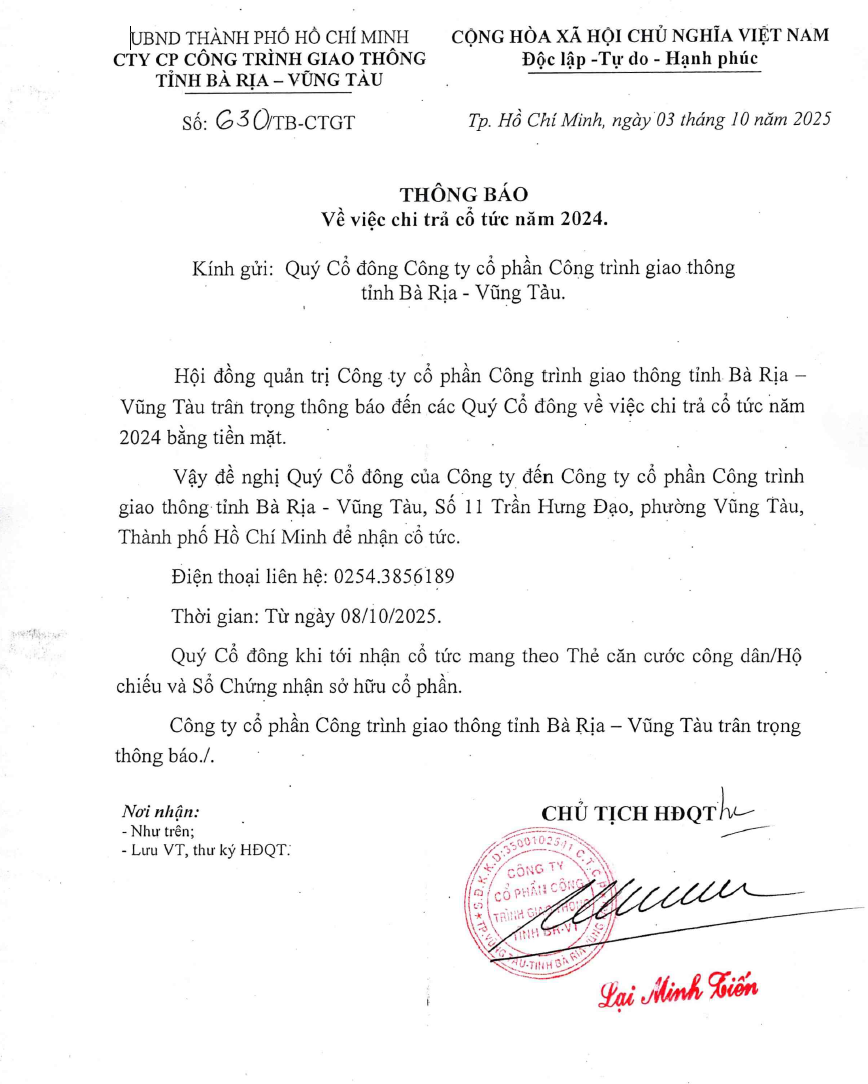 Thông báo chi trả cổ tức năm 2024 của CCT